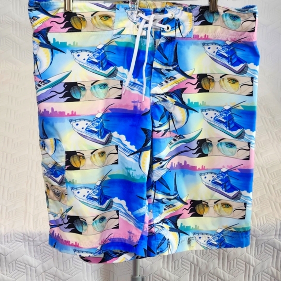 COLUMBIA CARGO SHORT PFG mens‎ 38W OMNI SHIELD Fish Print Board Blue Yellow Pink - Picture 2 of 12